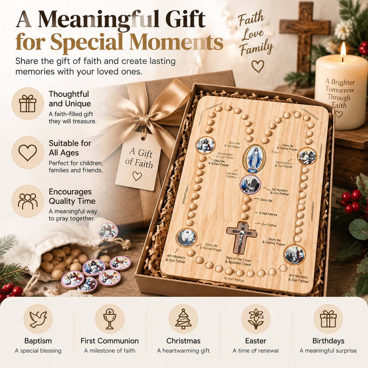 👨👩👧 FAMILY ROSARY PRAYER KIT | Wooden Prayer Board for Children & Adults with Beads and Guided Prayer Path