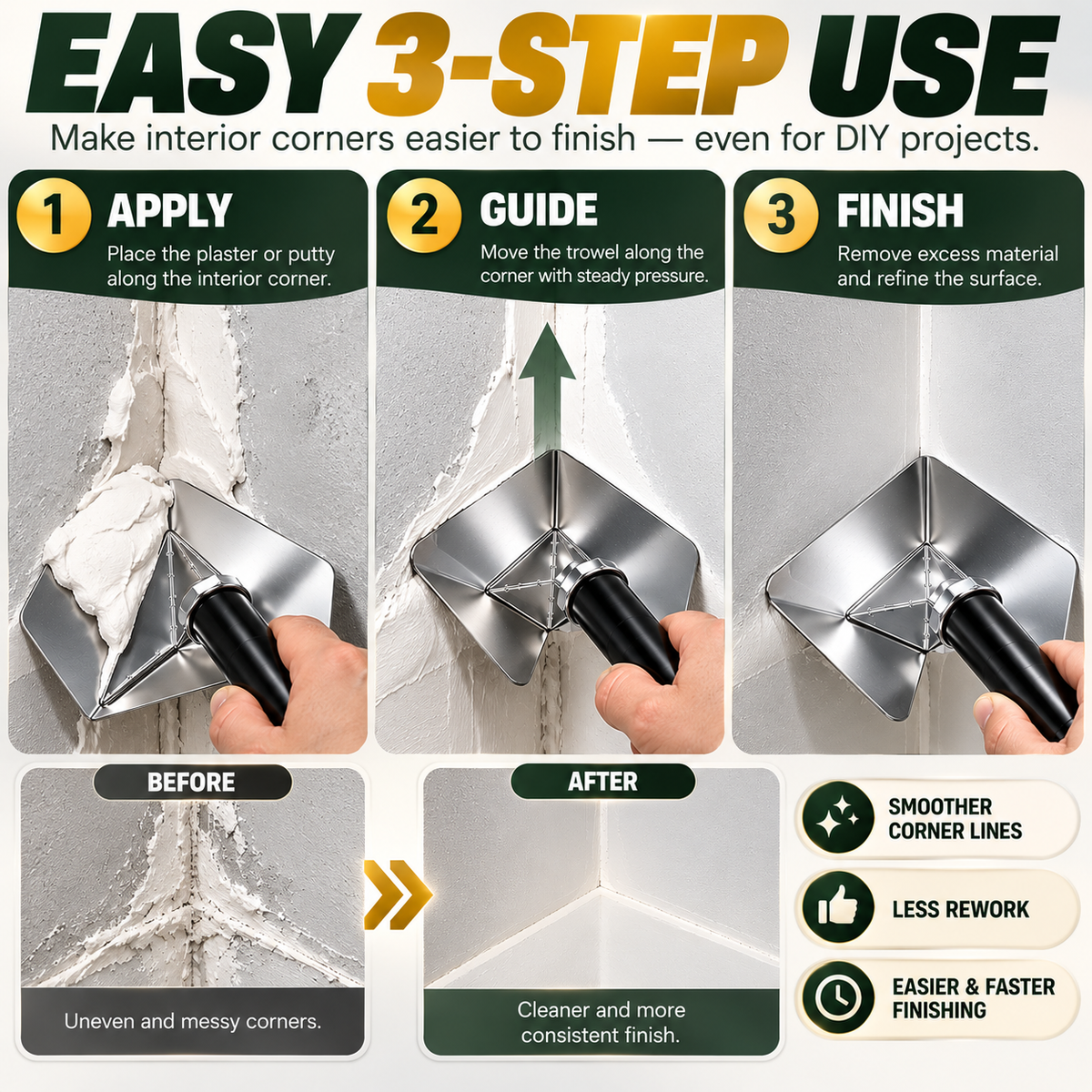 π Corner Finishing Trowel β Stainless Steel Plaster & Putty Tool for Interior Wall Corners