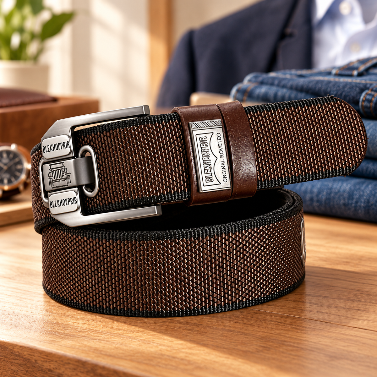 Men's Classic Woven Belt – Adjustable Metal Buckle, Durable Textured Strap