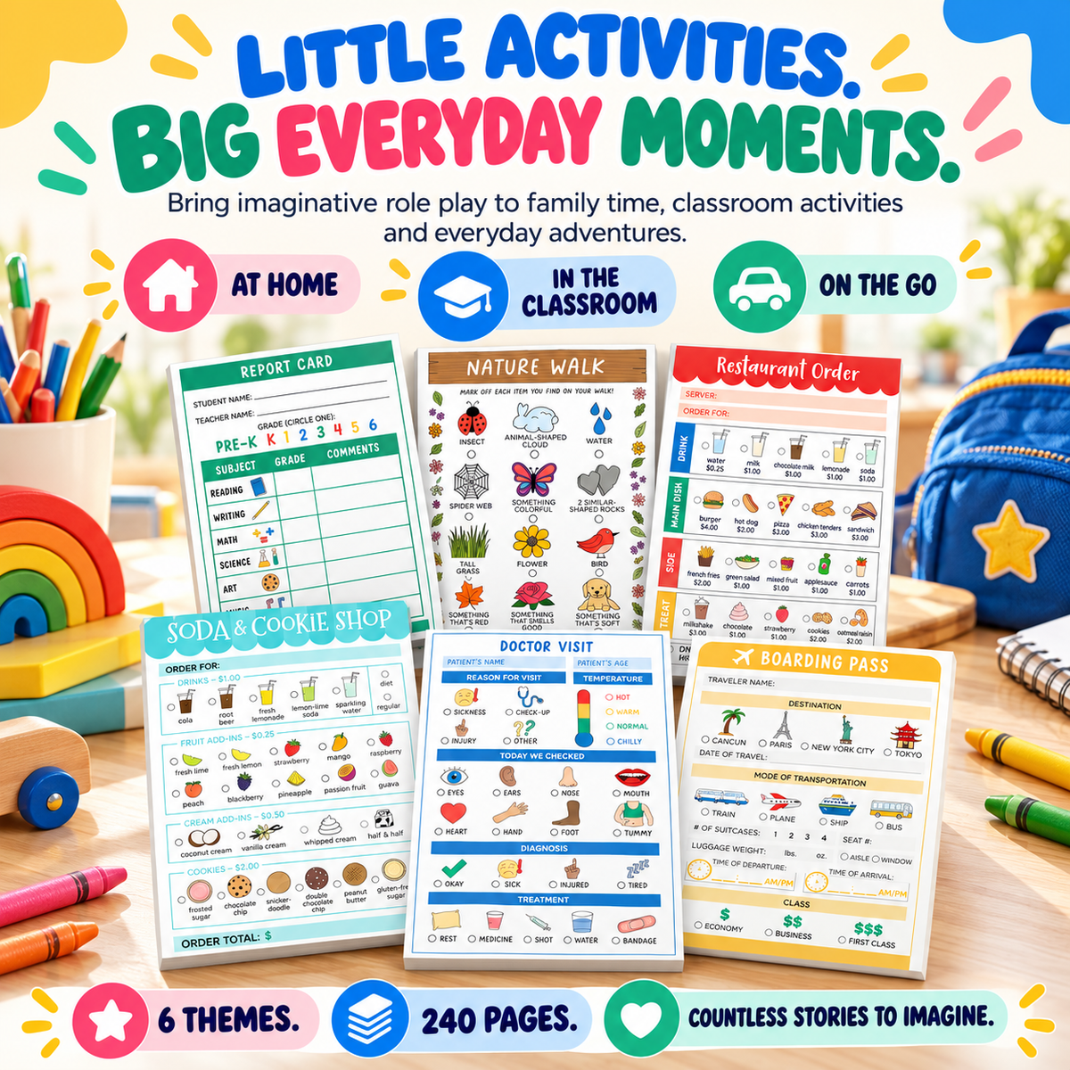 Kids Pretend Play Notepad Set – 6 Themed Activity Pads,for Imaginative Role Play & Early Learning
