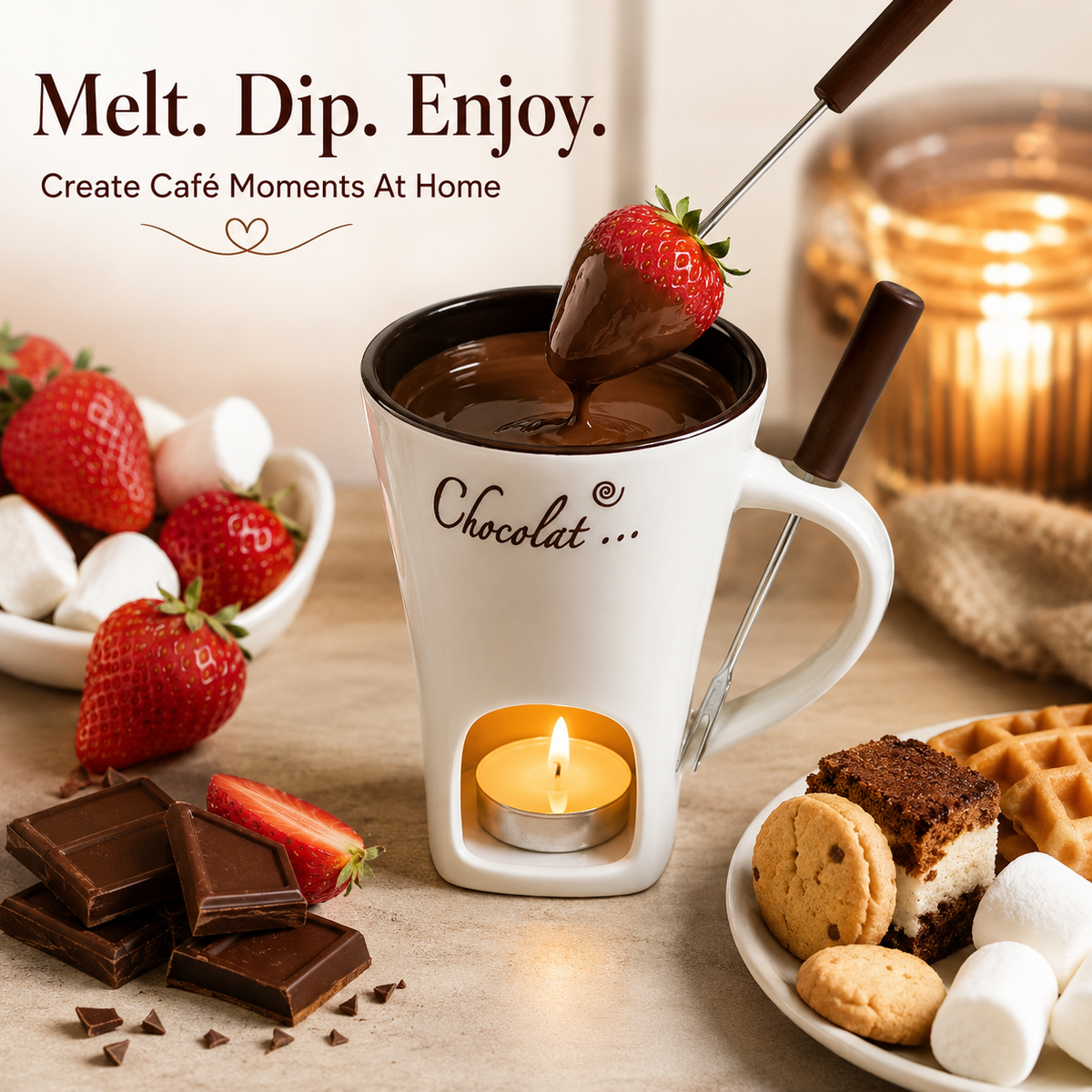 π« Candle-Heated Ceramic Fondue Mug Set with Dipping Fork