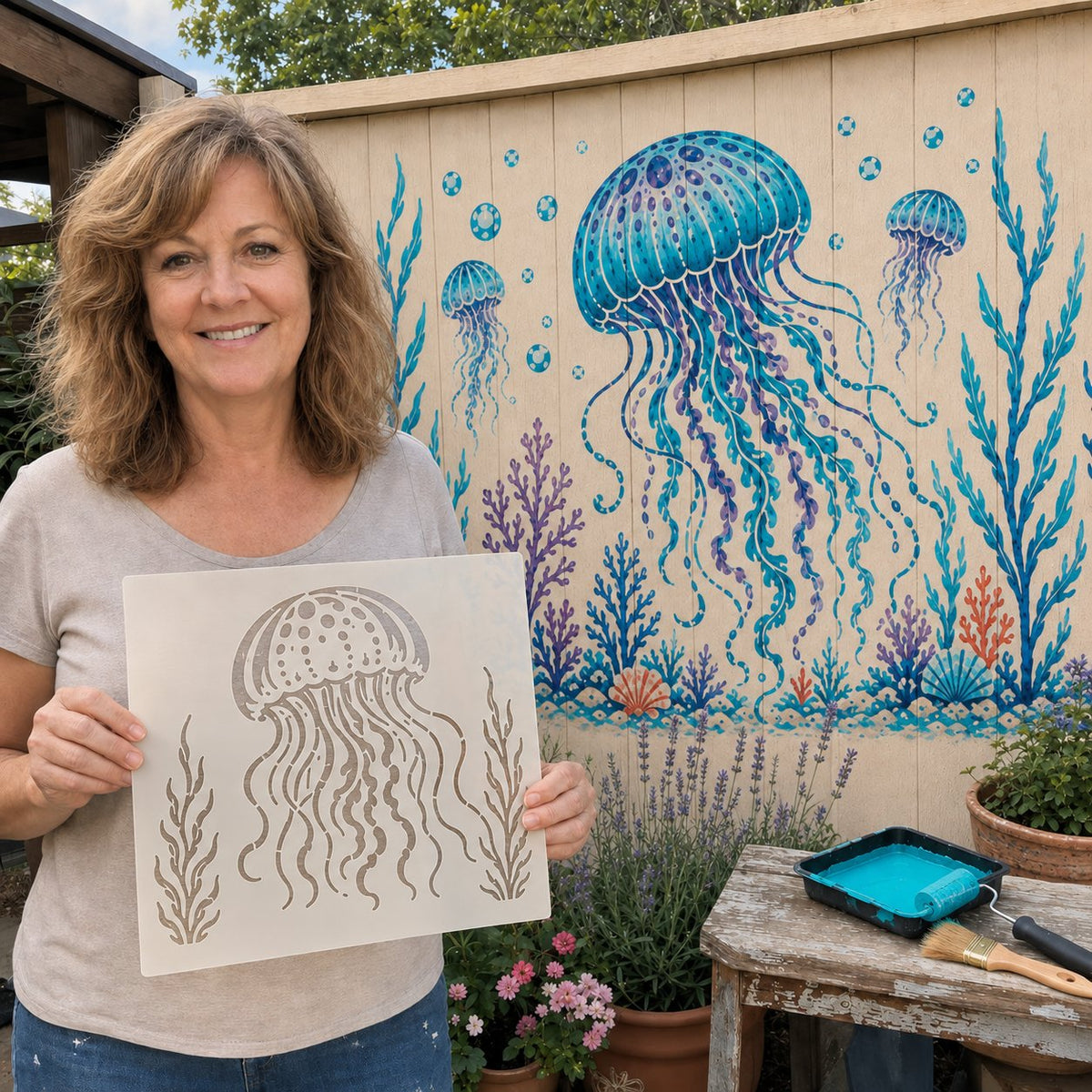 đĽ LAST DAY 49% OFF â đReusable Ocean Octopus Mural Stencil Set | Bring Plain Walls & Fences to Life with a Bold Underwater Scene đđ¨â¨