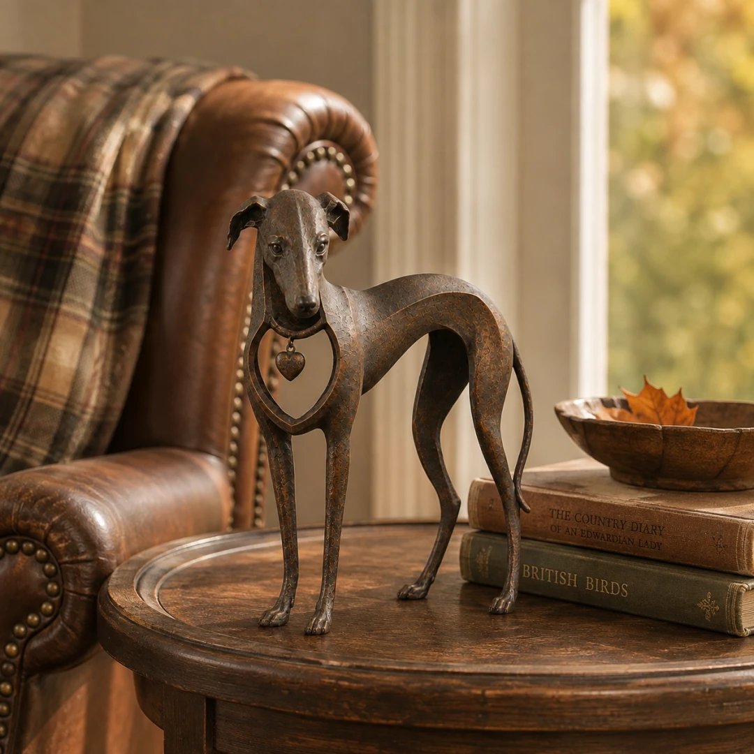 Heritage Heart Sighthound Sculpture โ Vintage Iron Dog Accent for Timeless Interiors