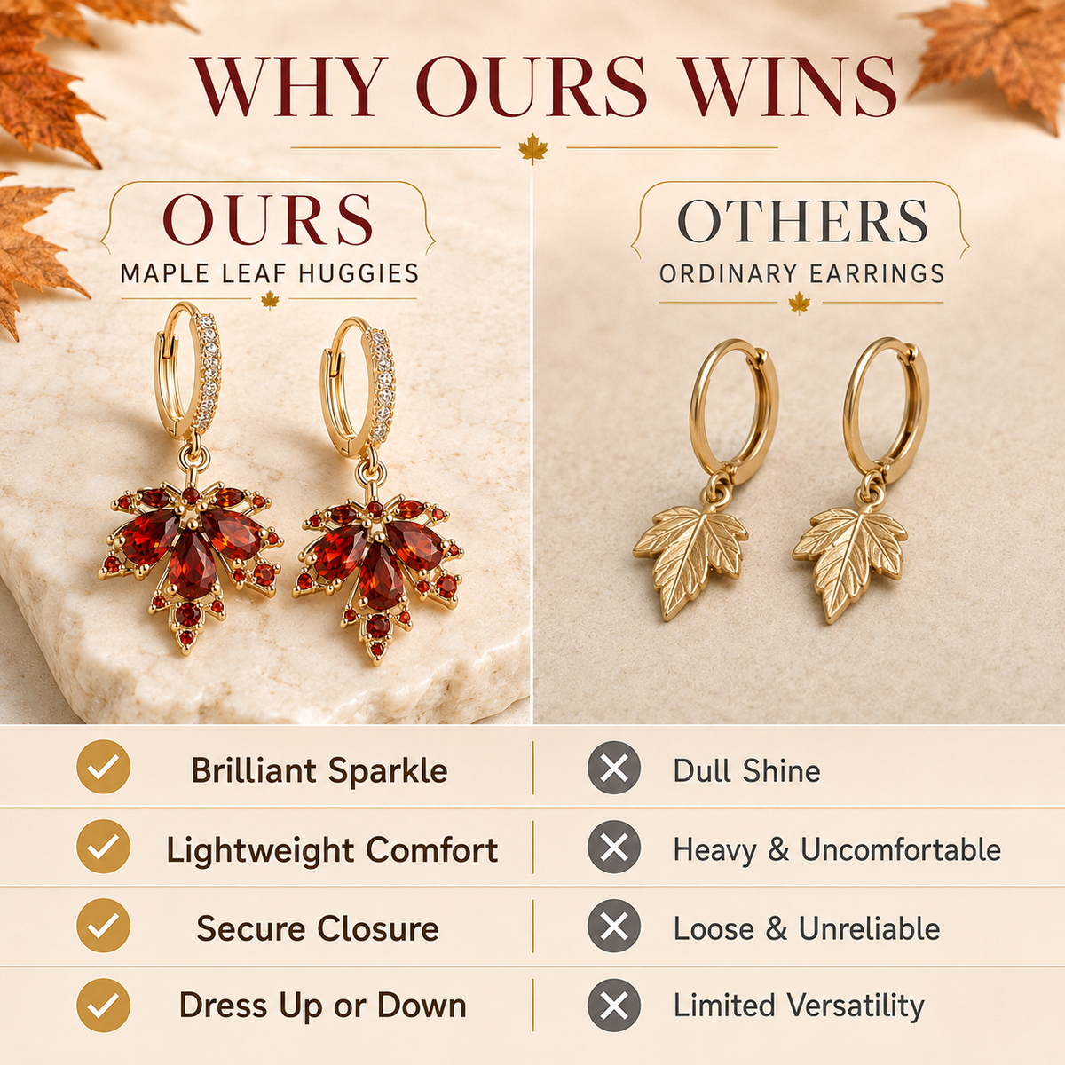 đ Autumn Glow: Crystal Maple Leaf Drop Earrings in Gold Finish