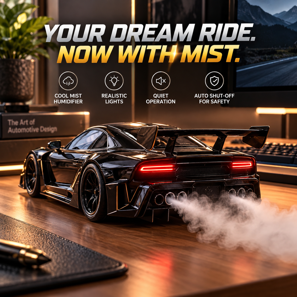 🏎️ Supercar Humidifier – Cool Mist, LED Glow & Racing-Inspired Design
