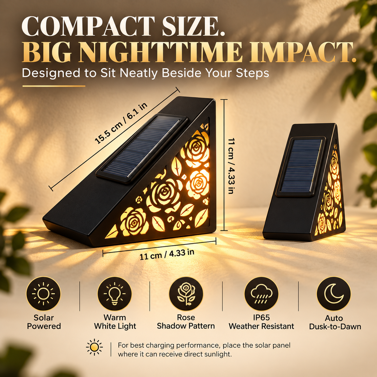 Solar Rose Step Lights Outdoor – Warm White IP65 Waterproof Stair & Deck Lights with Auto Dusk-to-Dawn Lighting