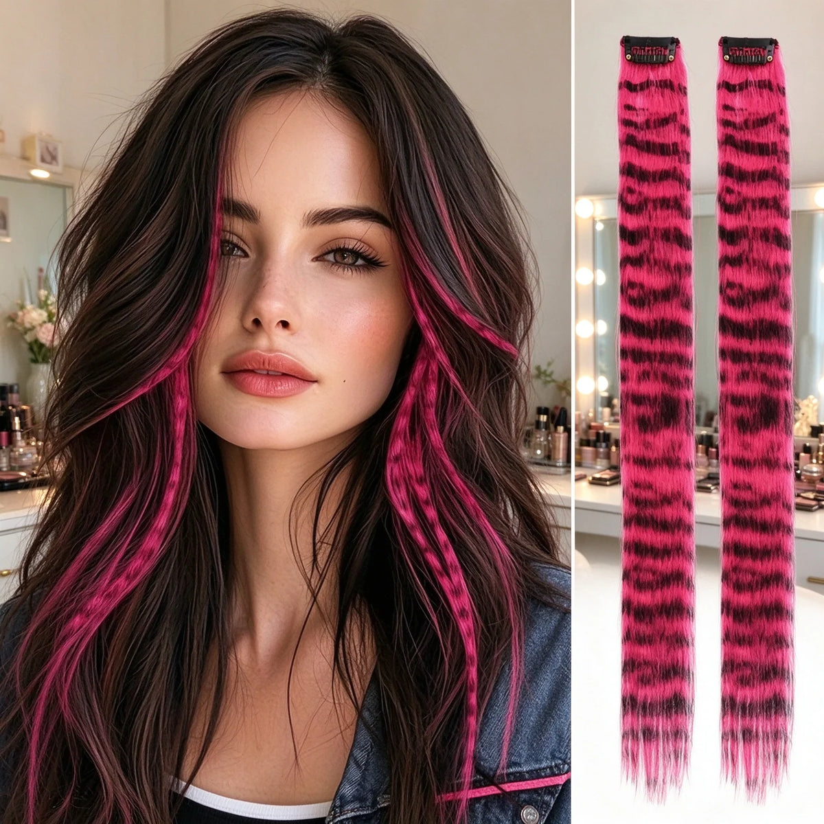 Colored clip-on highlights hair extensions(2Pcs)