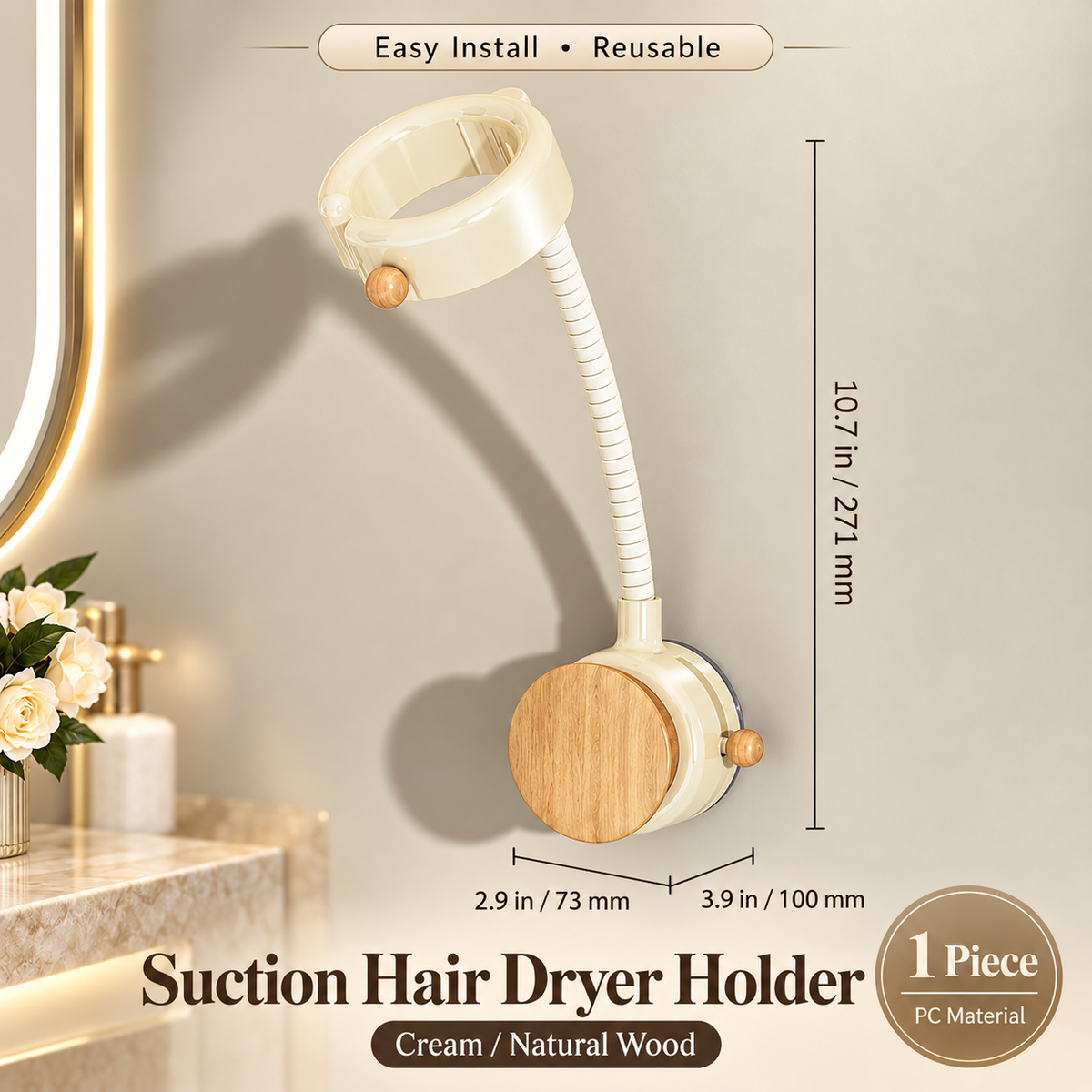 Hands-Free Hair Dryer Holder – No-Drill Suction Mount with Adjustable Arm & Cord Storage