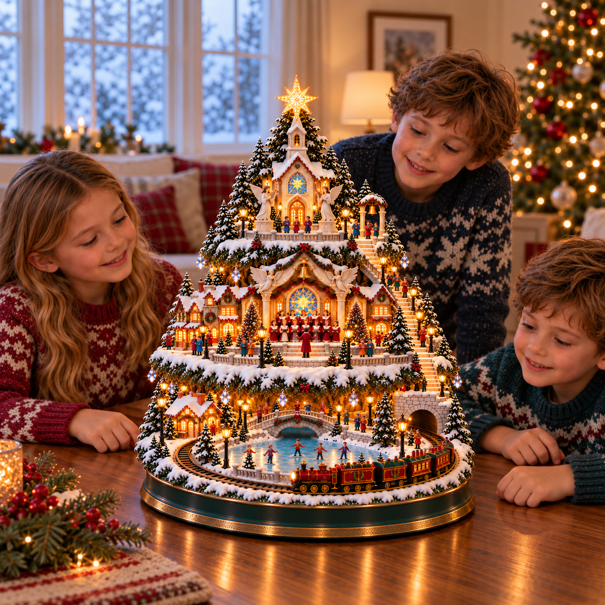 🚂🎄 Lighted Christmas Village Tree – Animated Train & Carousel Holiday Display