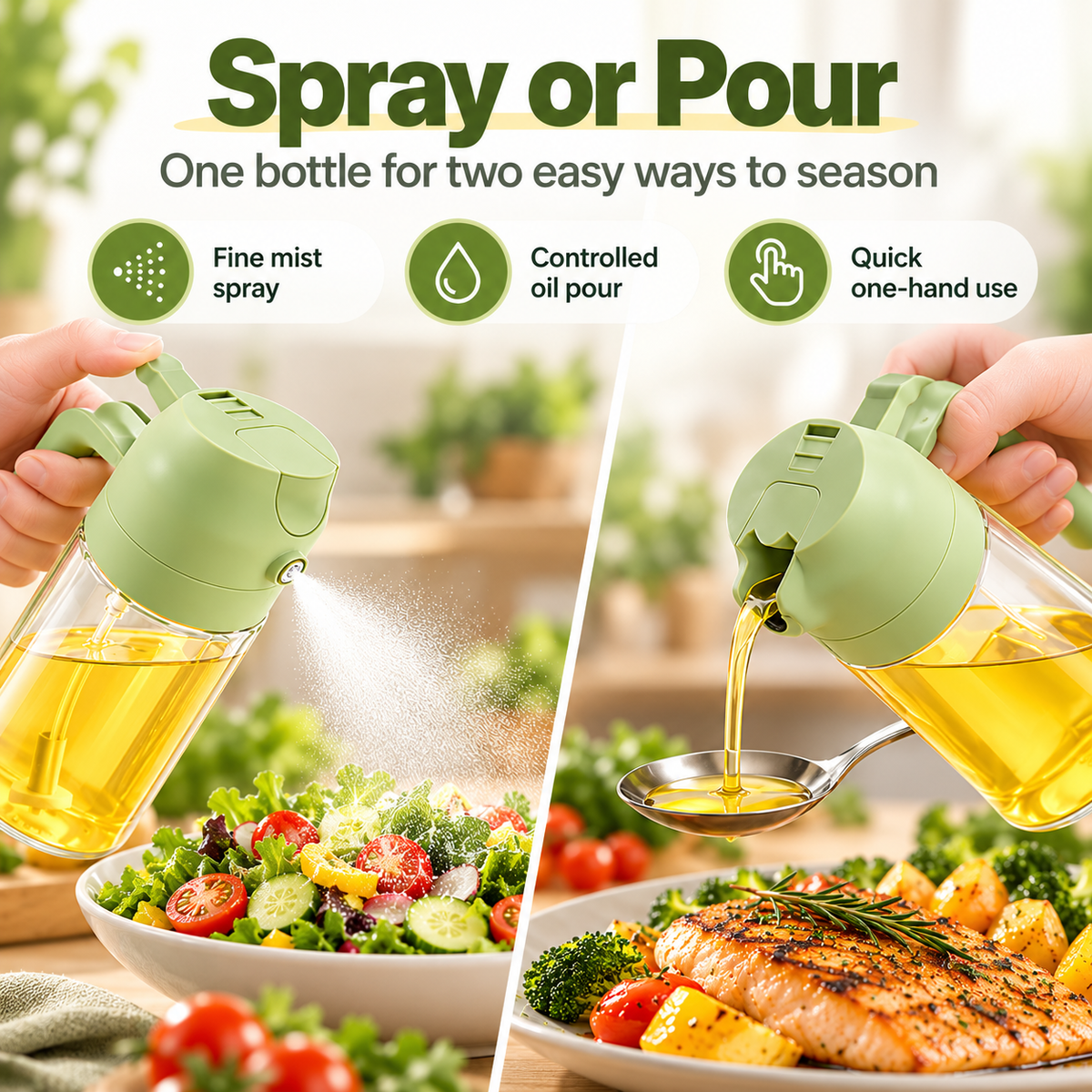 2-in-1 Glass Oil Sprayer Bottle – 470ml Refillable Cooking Oil Dispenser