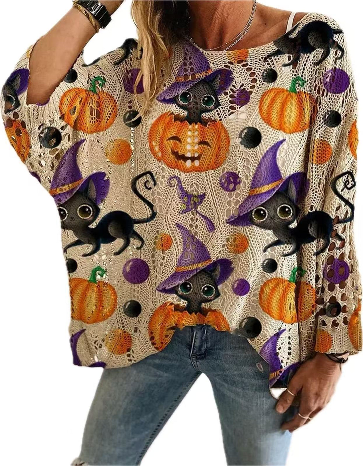 π Womenβs Pumpkin & Bat Crochet Knit Top β Festive Off-Shoulder Fall Style π