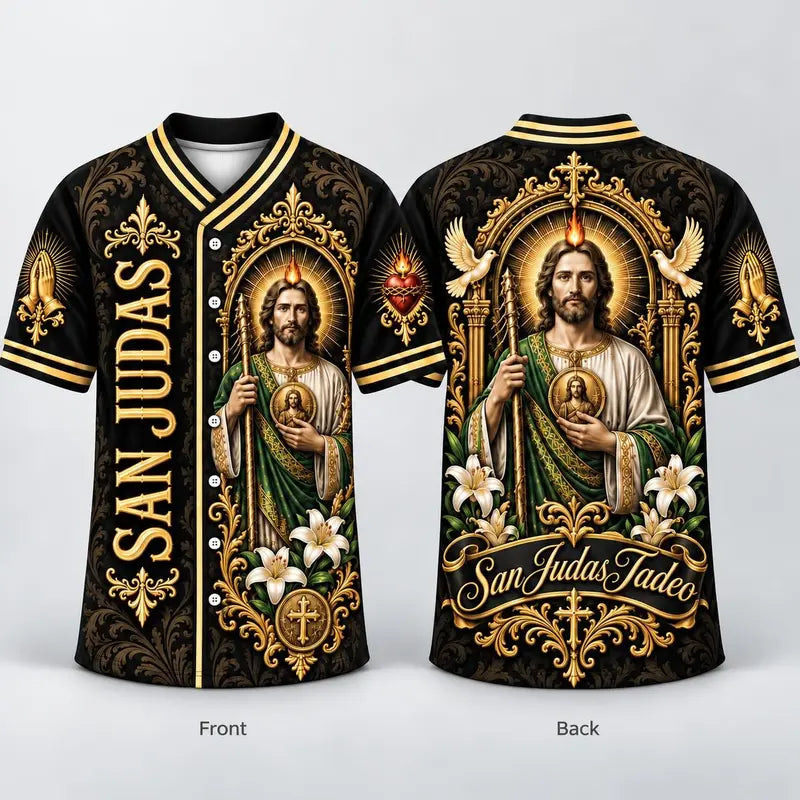 ✝️ San Judas Tadeo Black & Gold Baseball Jersey – Faith Meets Style ✨