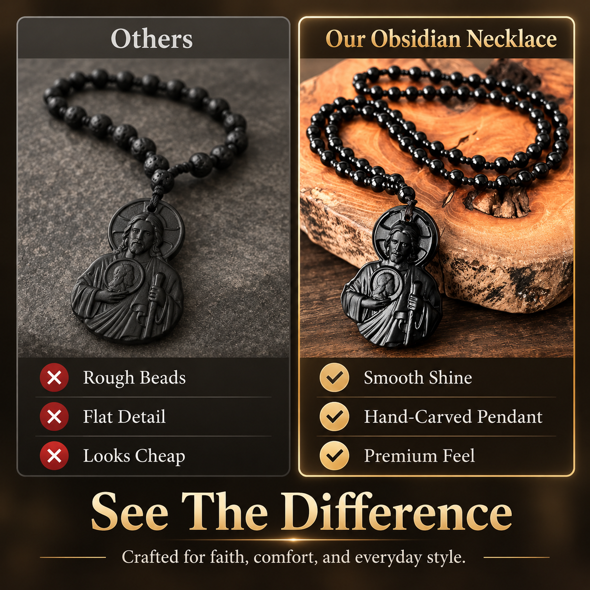 Divine Grace Carved Obsidian Jesus & Black Beads Necklace π