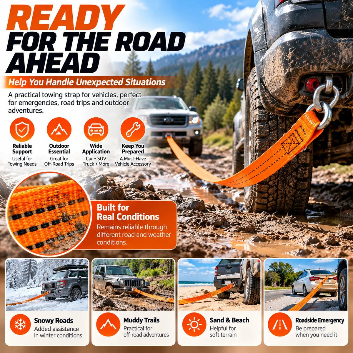 đ Heavy-Duty Tow Strap with Metal Hooks â Thickened High-Strength Vehicle Towing Rope
