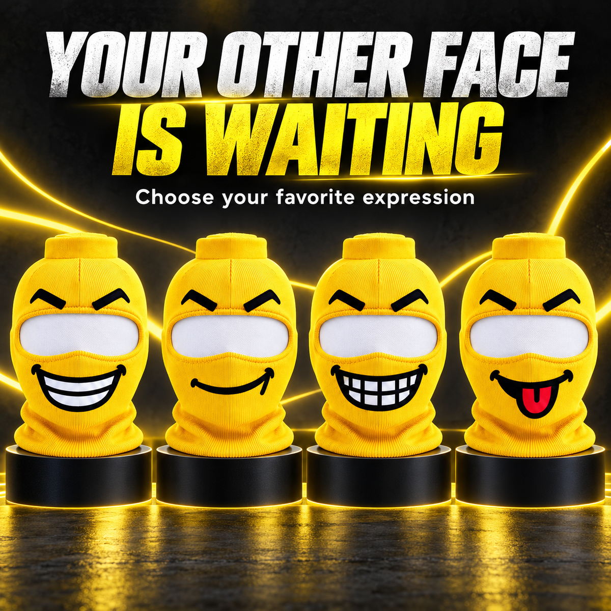 Funny Face Knit Mask โ four expressions studio lineup
