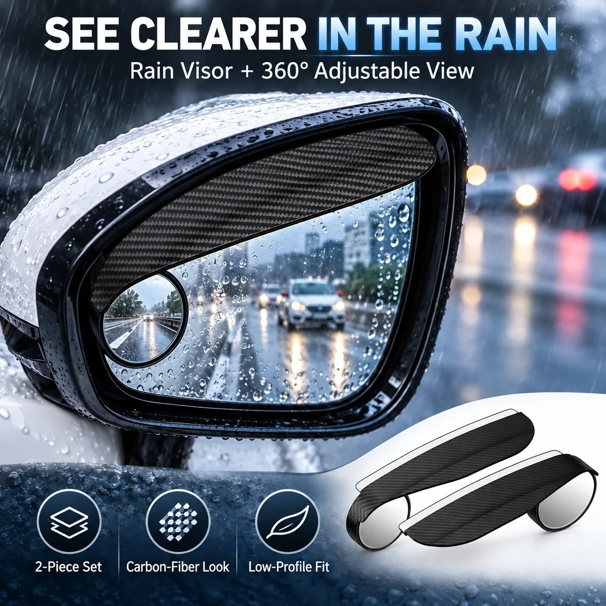 Car Rearview Mirror Rain Visor with Adjustable Blind Spot Mirror