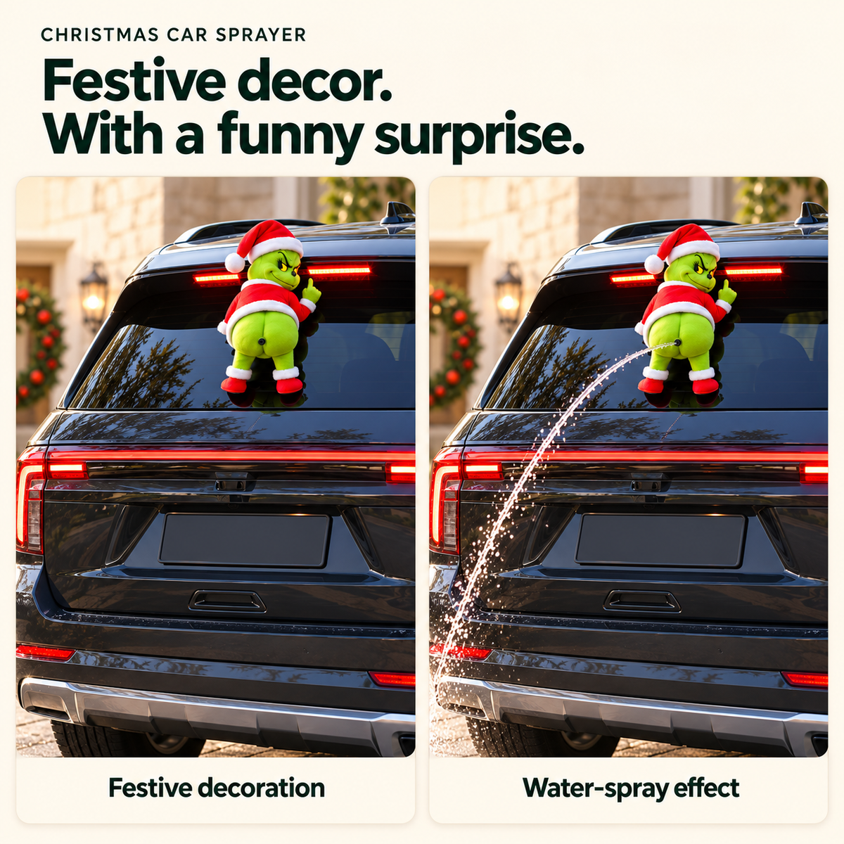 🎄 Funny Water-Spraying Christmas Car Decoration – A Cheeky Holiday Surprise 💦
