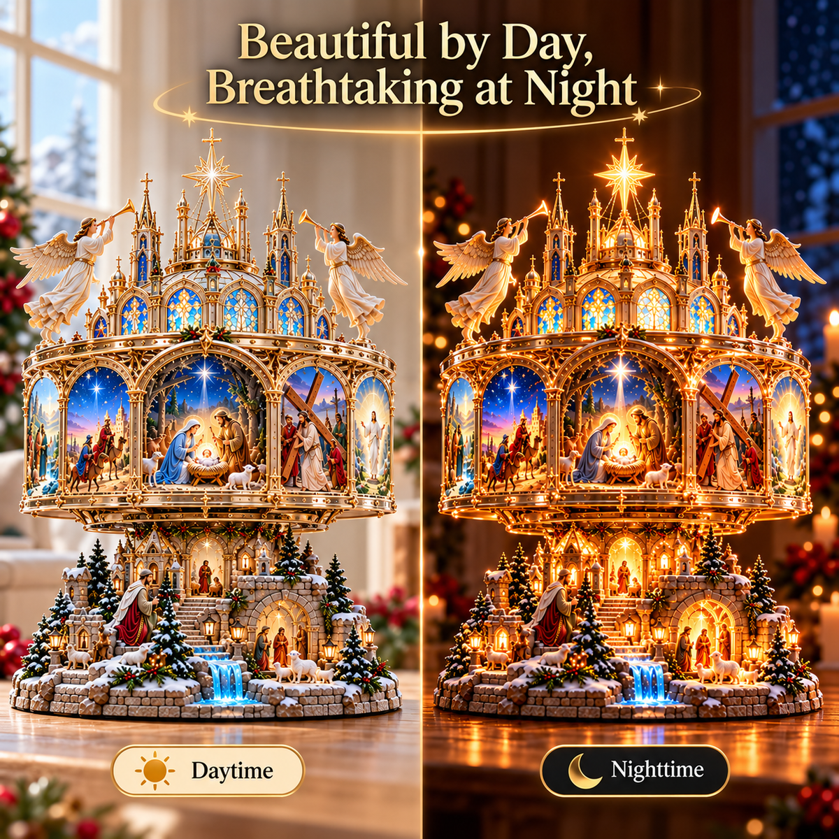 🔥LAST DAY 49% OFF✝️✨ Journey of Faith™ – 360° Rotating Lighted Bible Story Nativity Display with Angelic Cathedral & Sacred Scenes