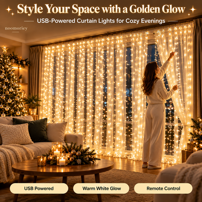 🎄 Christmas Curtain Lights – Warm White LED Window Lights with Remote Control