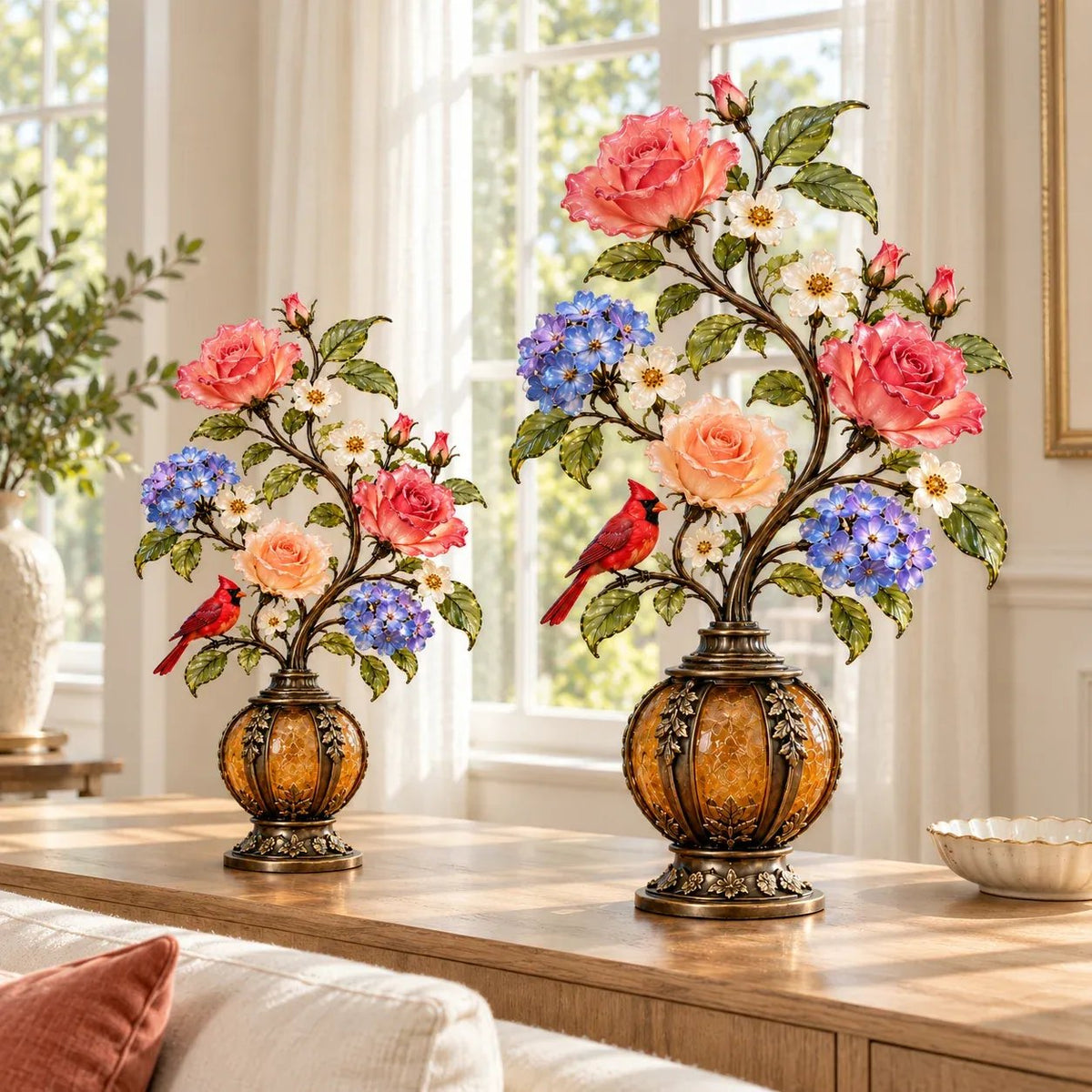 💥🏆🌹✨ Eternal Bloom – Vintage Rose & Cardinal Table Lamp
