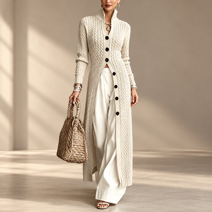 Women’s Long Cable Knit Cardigan, Elegant Full-Length Knitwear