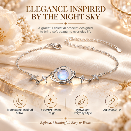 Women's Elegant Silver Celestial Bracelet – Moonstone Saturn & Star Charms, Vintage Astrology Jewelry