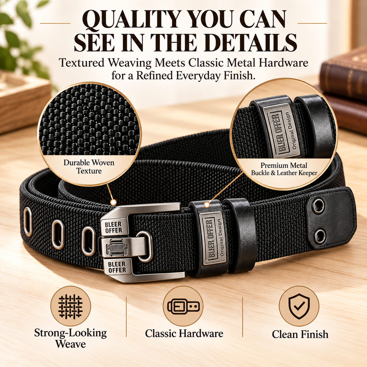Men's Classic Woven Belt – Adjustable Metal Buckle, Durable Textured Strap