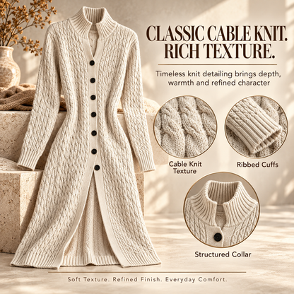 Women’s Long Cable Knit Cardigan, Elegant Full-Length Knitwear