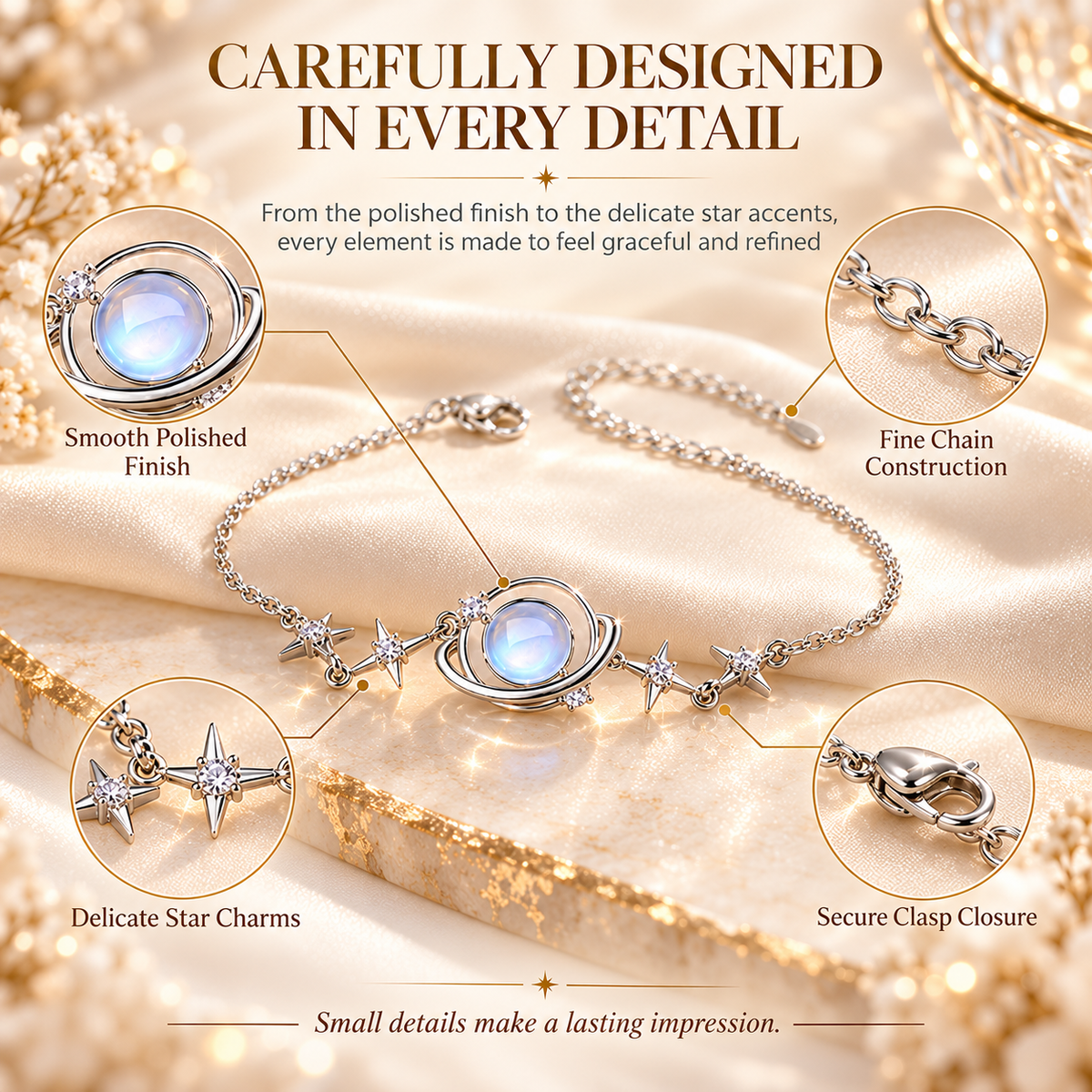 Women's Elegant Silver Celestial Bracelet – Moonstone Saturn & Star Charms, Vintage Astrology Jewelry