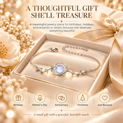 Women's Elegant Silver Celestial Bracelet – Moonstone Saturn & Star Charms, Vintage Astrology Jewelry
