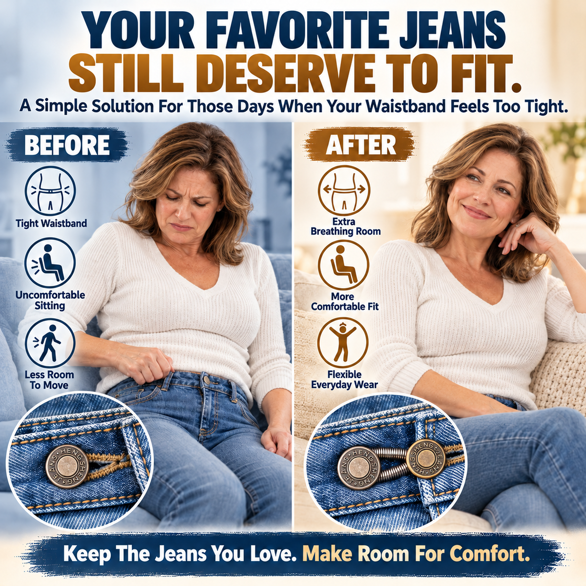 No-Sew Elastic Waist Button Extenders – Stretchable Jeans Waistband Adjusters for a Comfortable Fit