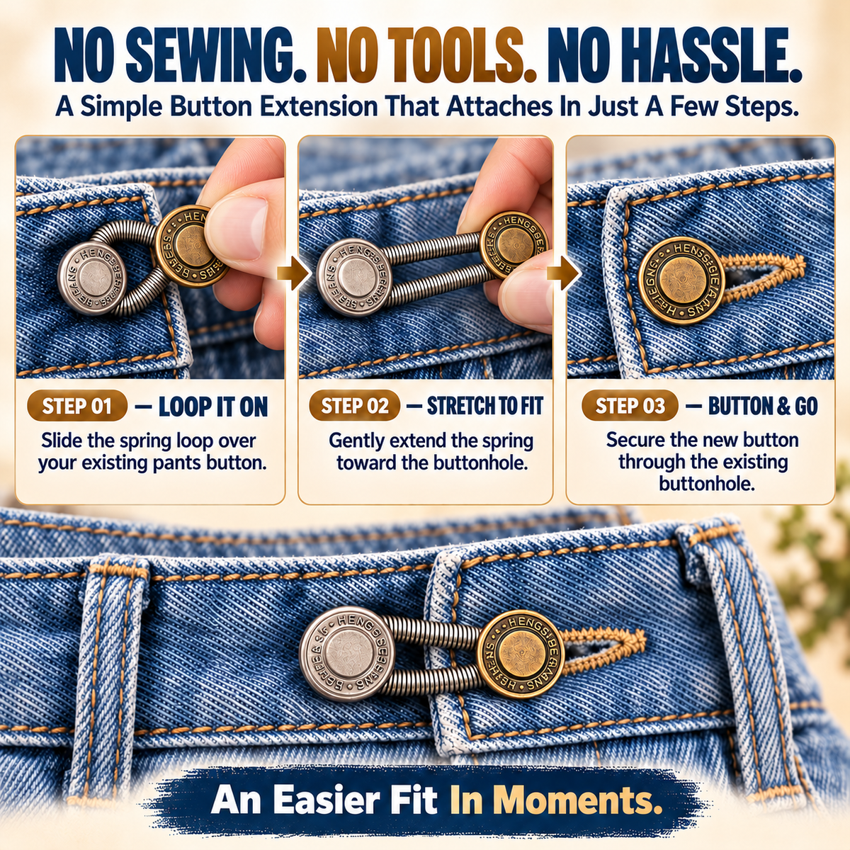 No-Sew Elastic Waist Button Extenders – Stretchable Jeans Waistband Adjusters for a Comfortable Fit