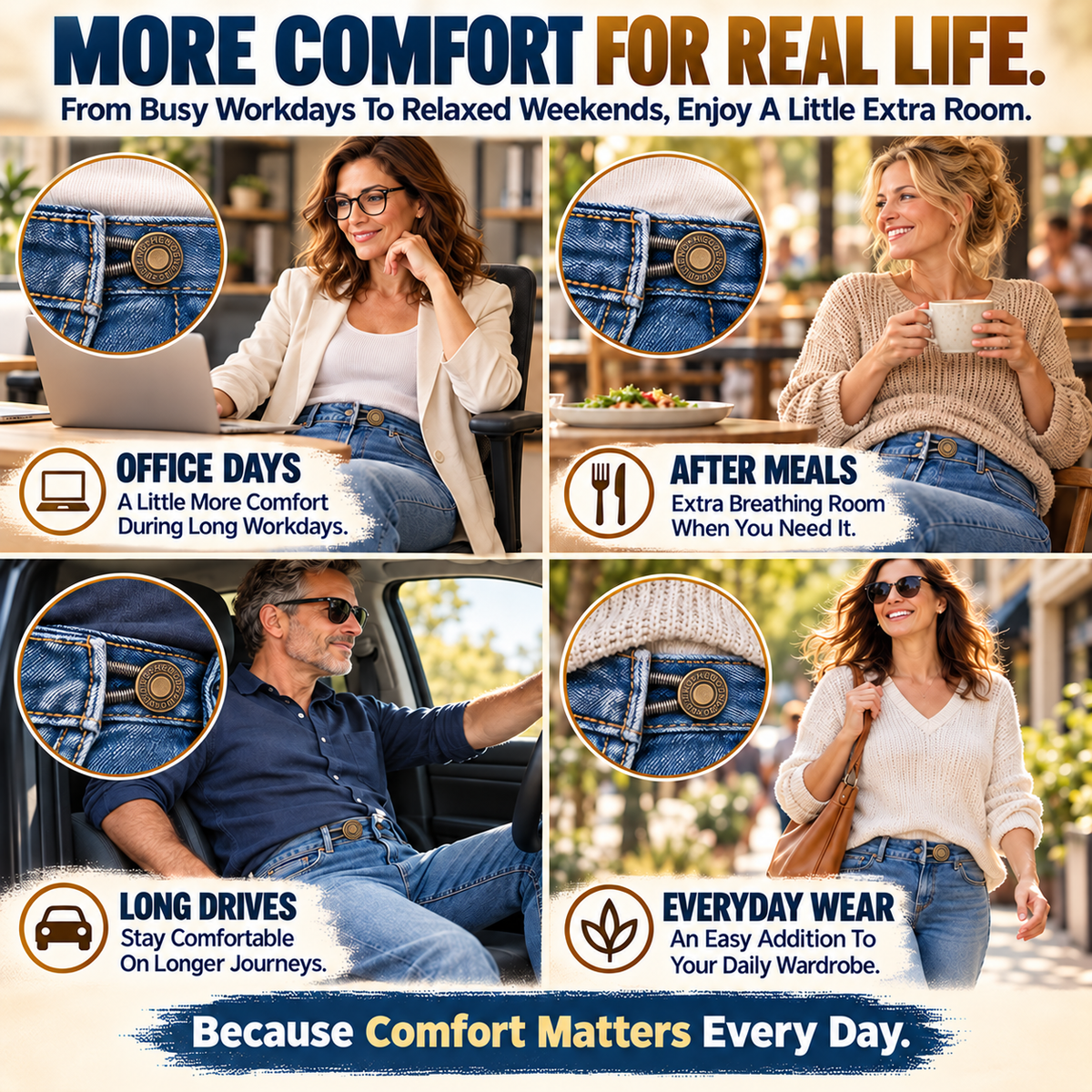 No-Sew Elastic Waist Button Extenders – Stretchable Jeans Waistband Adjusters for a Comfortable Fit