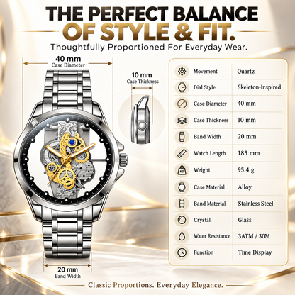Men's Luxury Skeleton Dial Watch – Stainless Steel Bracelet, Elegant Gold Gear Design & 30M Water Resistant