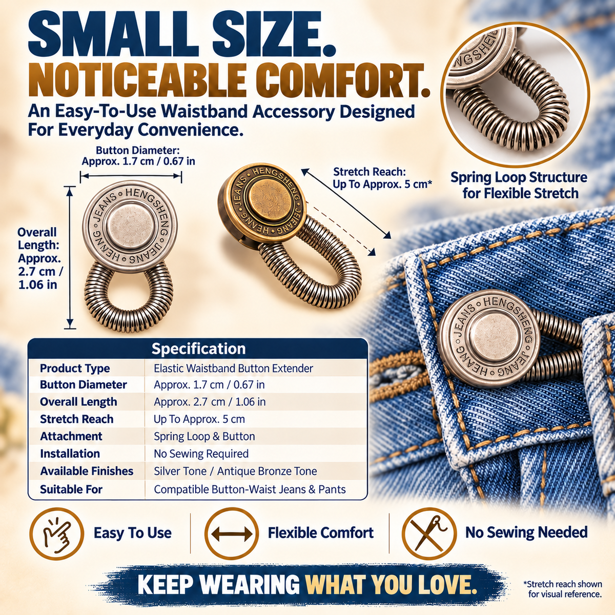No-Sew Elastic Waist Button Extenders – Stretchable Jeans Waistband Adjusters for a Comfortable Fit