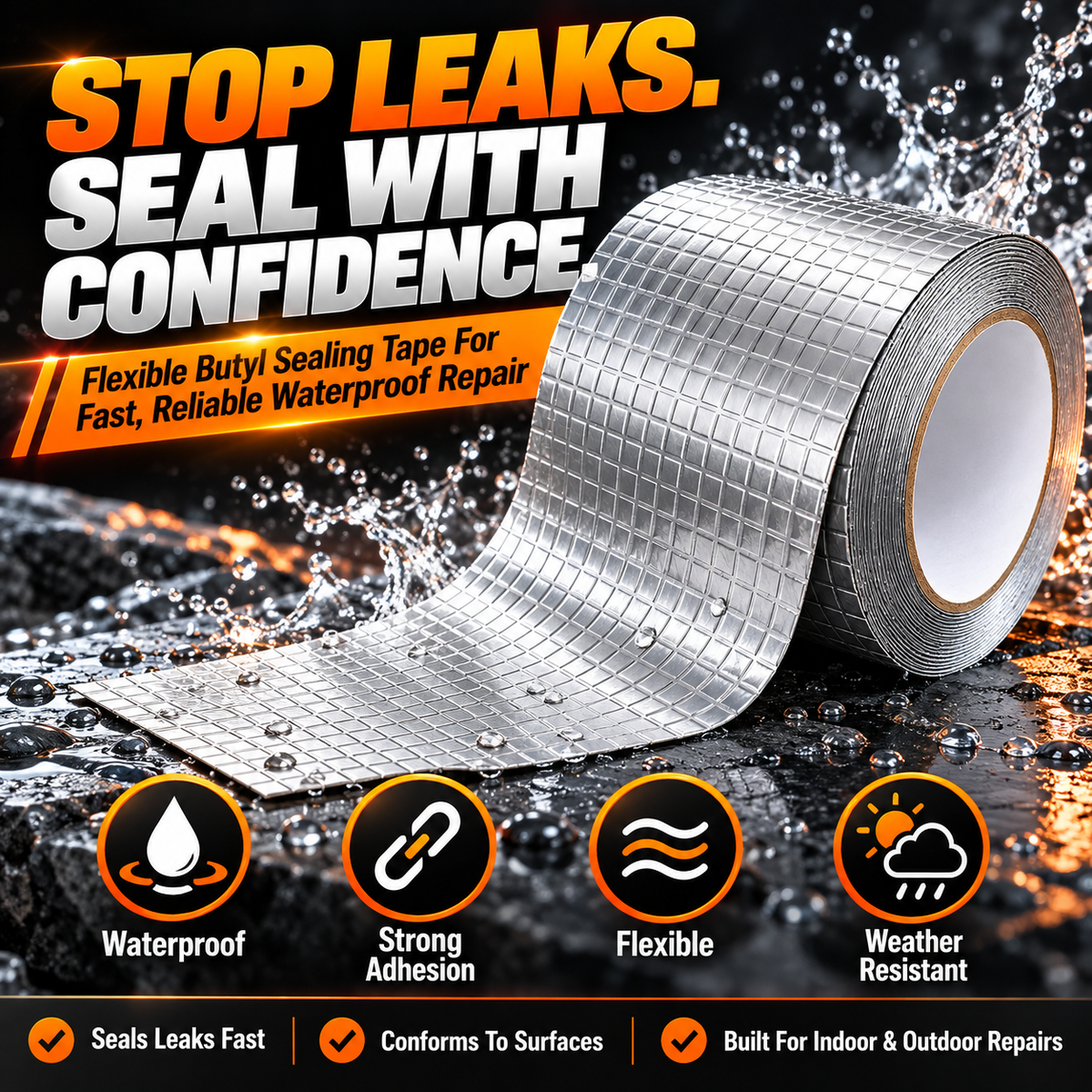 Waterproof Butyl Sealing Tape – Heavy-Duty Aluminum Foil Leak Repair Tape for Roofs, Pipes & RVs