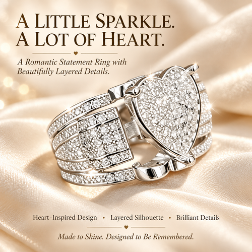Women's Sparkling Heart Ring – Silver-Tone Multi-Layer Geometric Statement Ring