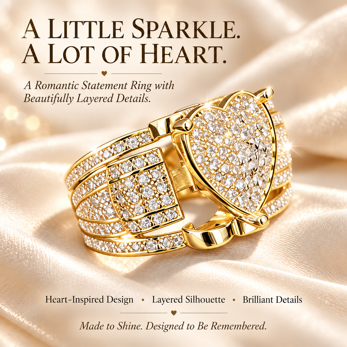 Women's Sparkling Heart Ring – Silver-Tone Multi-Layer Geometric Statement Ring