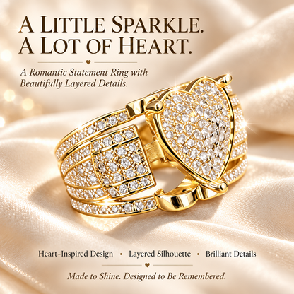 Women's Sparkling Heart Ring – Silver-Tone Multi-Layer Geometric Statement Ring