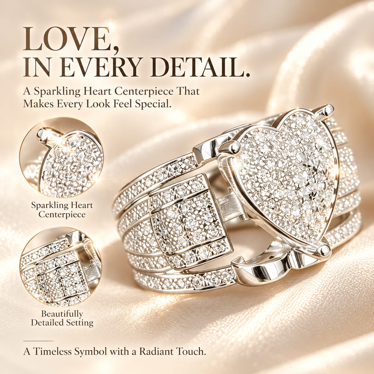 Women's Sparkling Heart Ring – Silver-Tone Multi-Layer Geometric Statement Ring