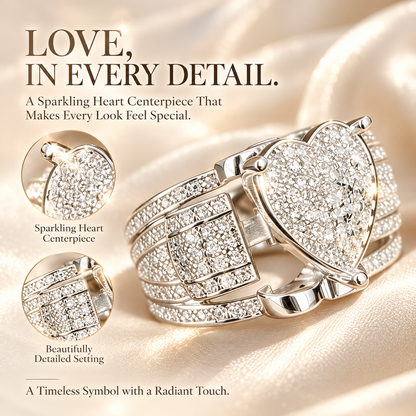 Women's Sparkling Heart Ring – Silver-Tone Multi-Layer Geometric Statement Ring
