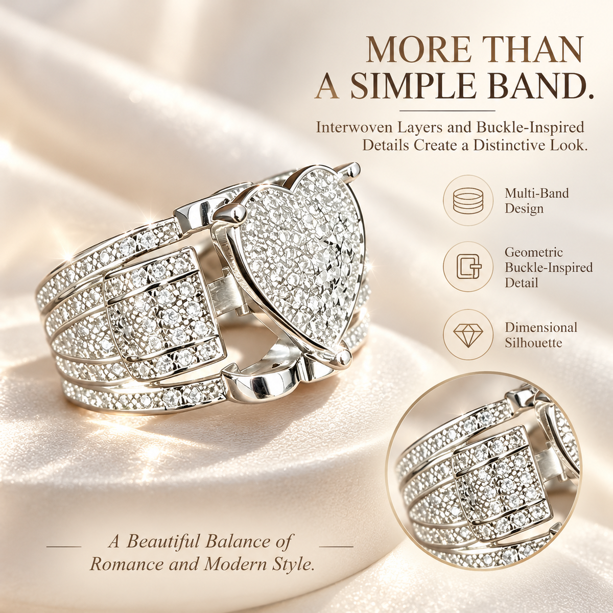 Women's Sparkling Heart Ring – Silver-Tone Multi-Layer Geometric Statement Ring