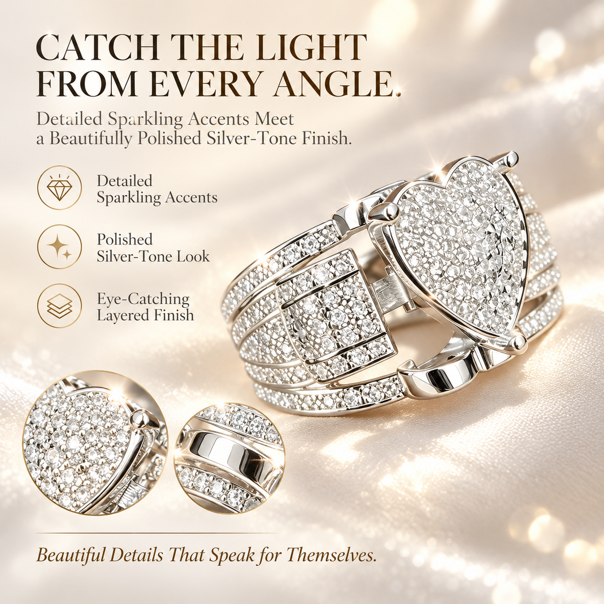 Women's Sparkling Heart Ring – Silver-Tone Multi-Layer Geometric Statement Ring