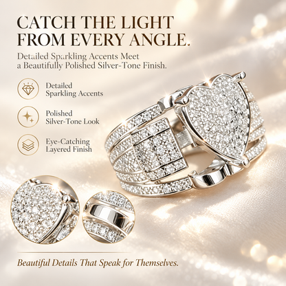 Women's Sparkling Heart Ring – Silver-Tone Multi-Layer Geometric Statement Ring