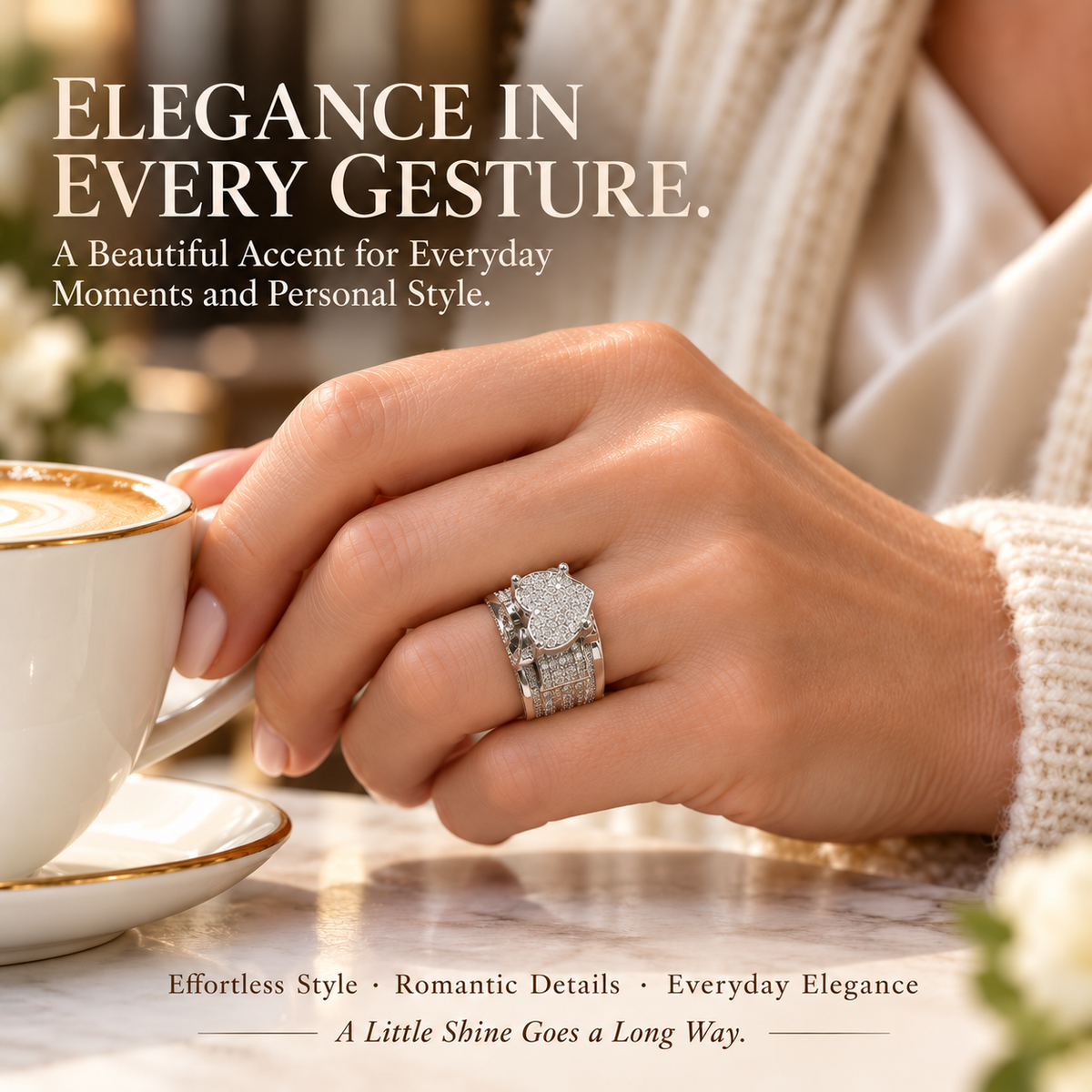 Women's Sparkling Heart Ring – Silver-Tone Multi-Layer Geometric Statement Ring