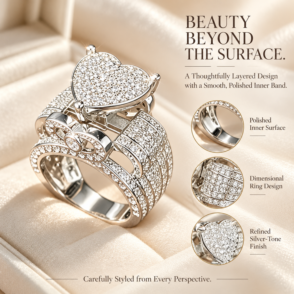 Women's Sparkling Heart Ring – Silver-Tone Multi-Layer Geometric Statement Ring