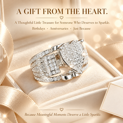 Women's Sparkling Heart Ring – Silver-Tone Multi-Layer Geometric Statement Ring