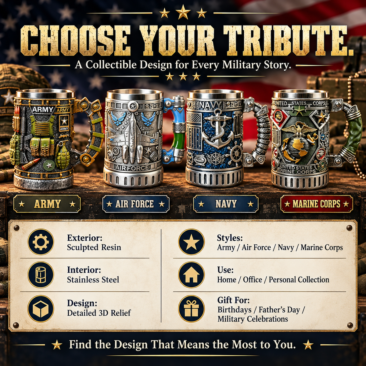 Military 3D Collectible Mug – Resin & Stainless Steel Tankard