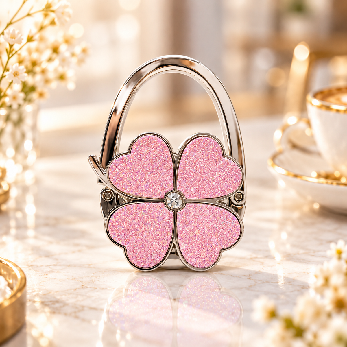 Elegant Four-Leaf Clover Foldable Purse Hanger – Portable Table Bag Hook