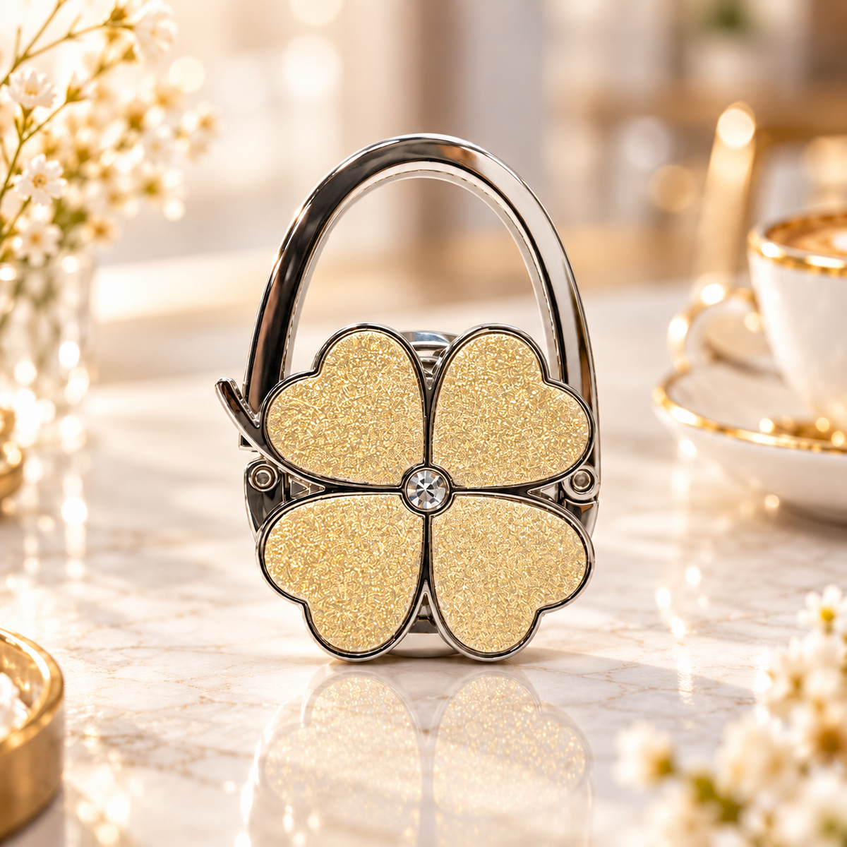Elegant Four-Leaf Clover Foldable Purse Hanger – Portable Table Bag Hook